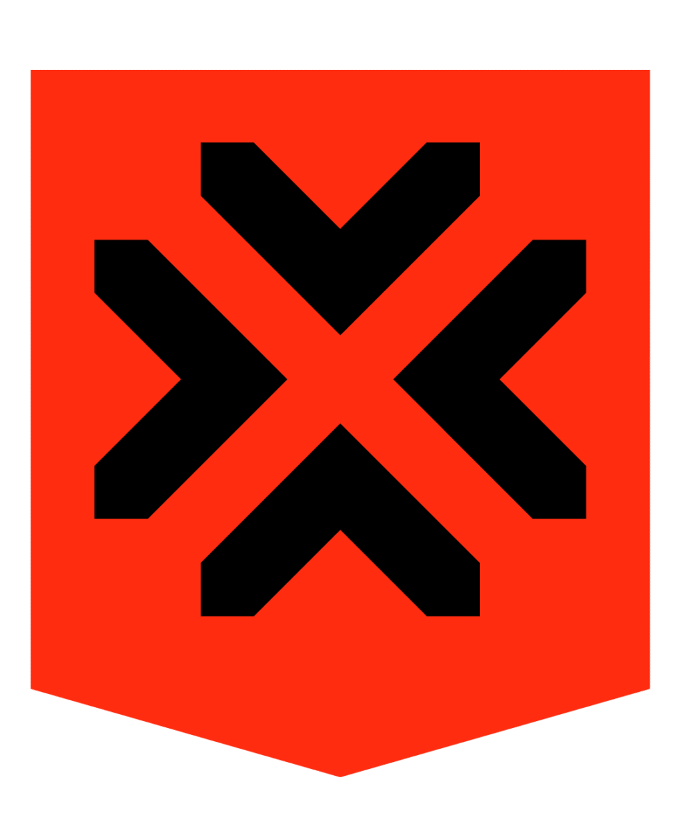Estandarte rojo con diseño geométrico negro en forma de flecha cruzada, símbolo representativo de la marca.