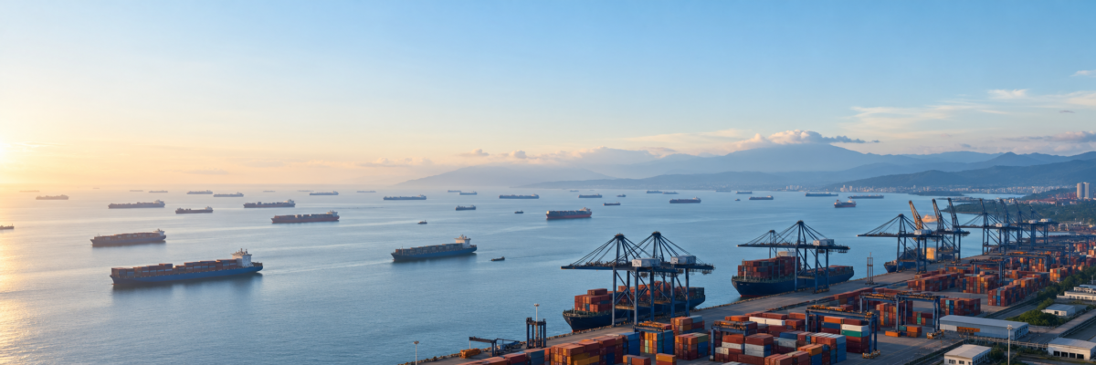Container ships anchored outside a congested port at dawn, waiting for a berth.